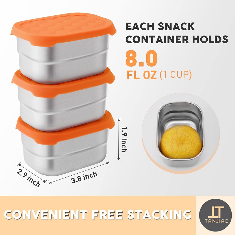 Tanjiae Small (1 CUP) Stainless Steel Snack Containers for Kids | Easy Open Leak Proof Food Containers with Silicone Lids - Perfect Metal Toddler Lunch Box for Daycare and School (8oz) - Image 4